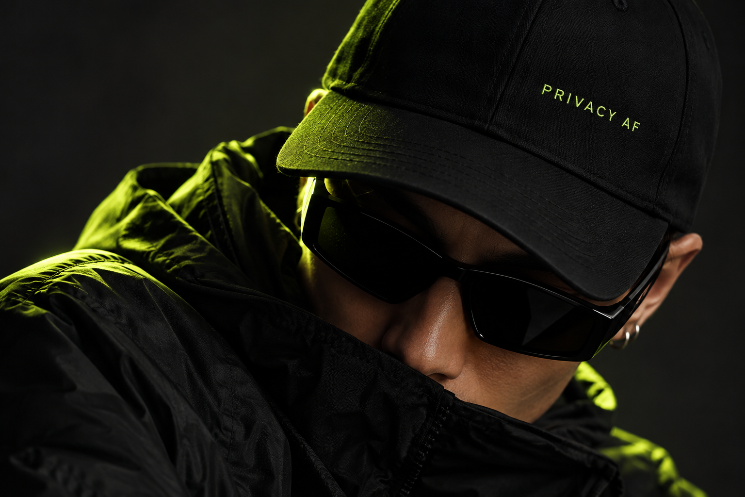 PrivacyAF digital campaign concept with a black cap and eyewear